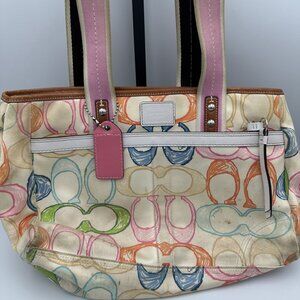 Coach Hampton Scribble Tote Bag Multicolor Canvas Leather Trim